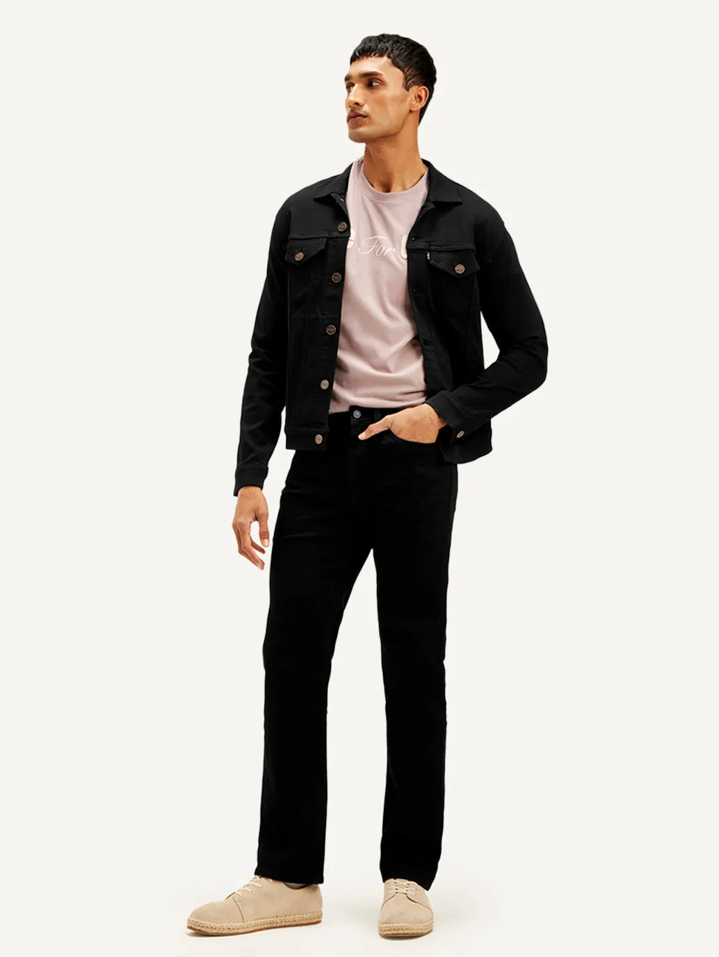 Men's 505 Black Straight Fit Mid Rise Jeans Road Trip Bold Look Smart Casual Clean Shape