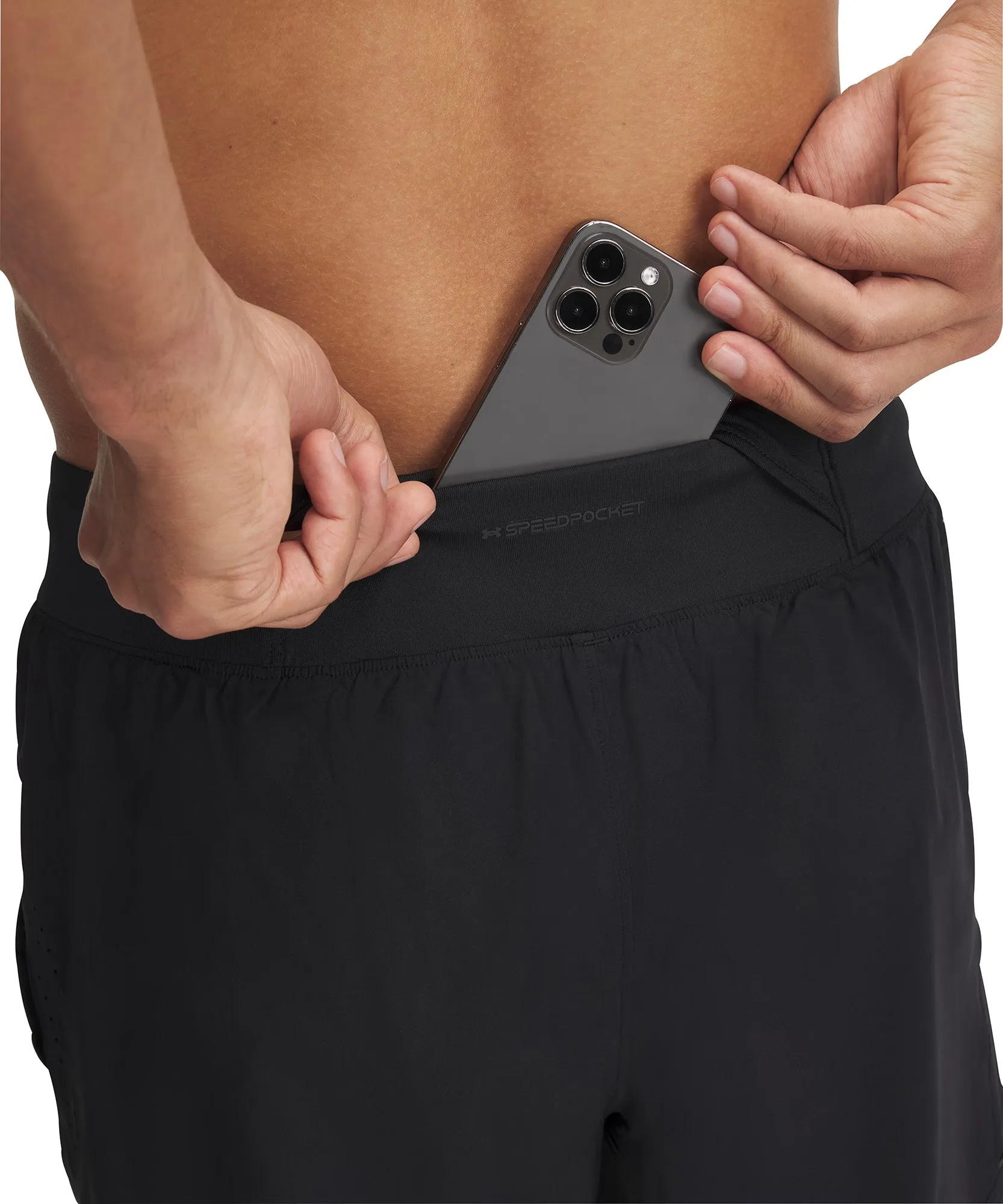 Under Armour Launch Elite 2 In 1 Mens Running Shorts - Black Vegan Leather Snag Free Fabric Technology