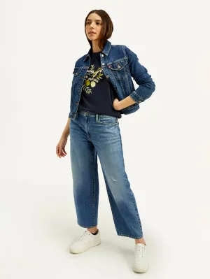 Women's Blue Baggy Dad Fit Mid Rise Jeans Shopping Day Adult Fashion Athlete Fit