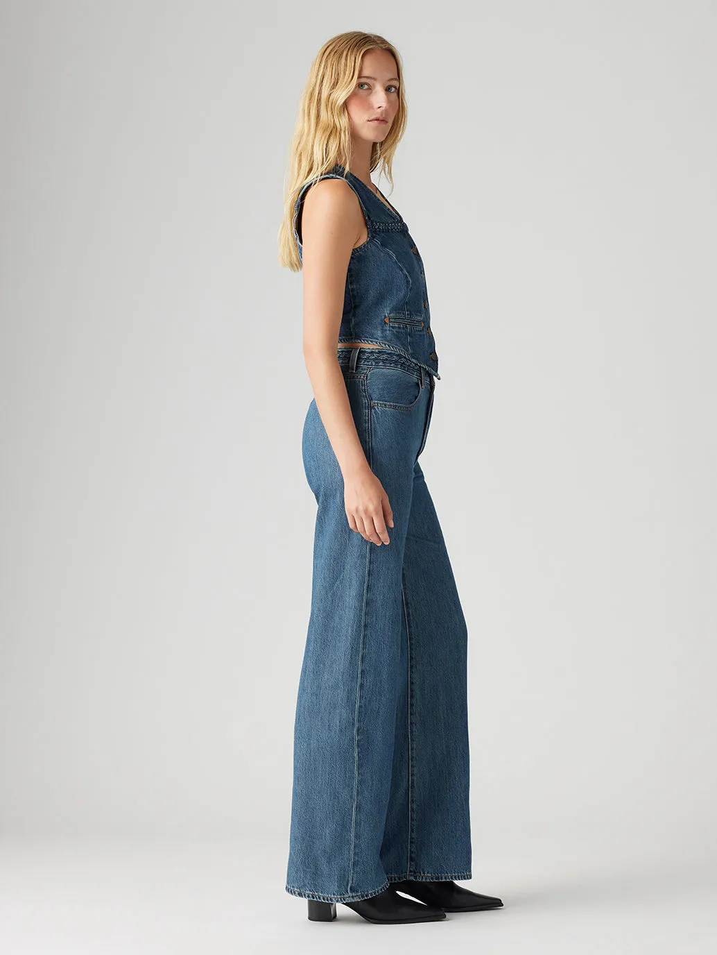 Comfort Wear Women's Blue Ribcage Bell Bottom Wide Leg Fit High Rise Jeans