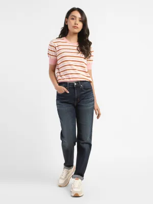 Classic Fit Base Attire Women's Blue Straight Fit Mid Rise Boyfriend Jeans