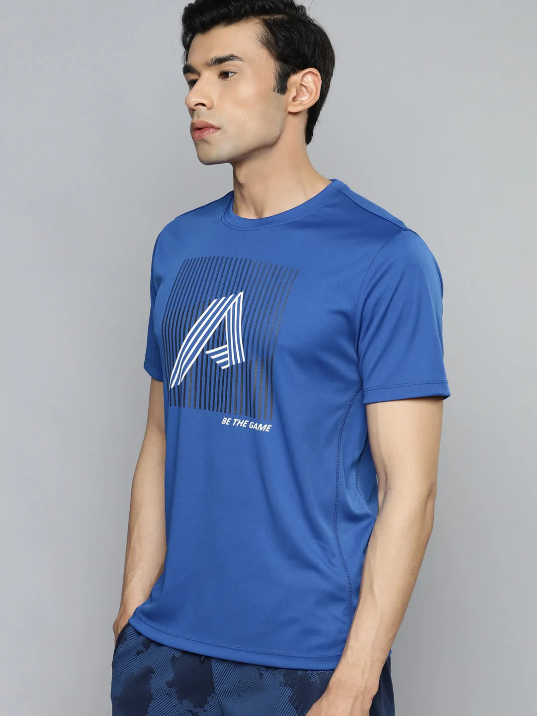 Alcis Men Blue Typography Printed Slim Fit Training or Gym T-shirt NonSlipTrim