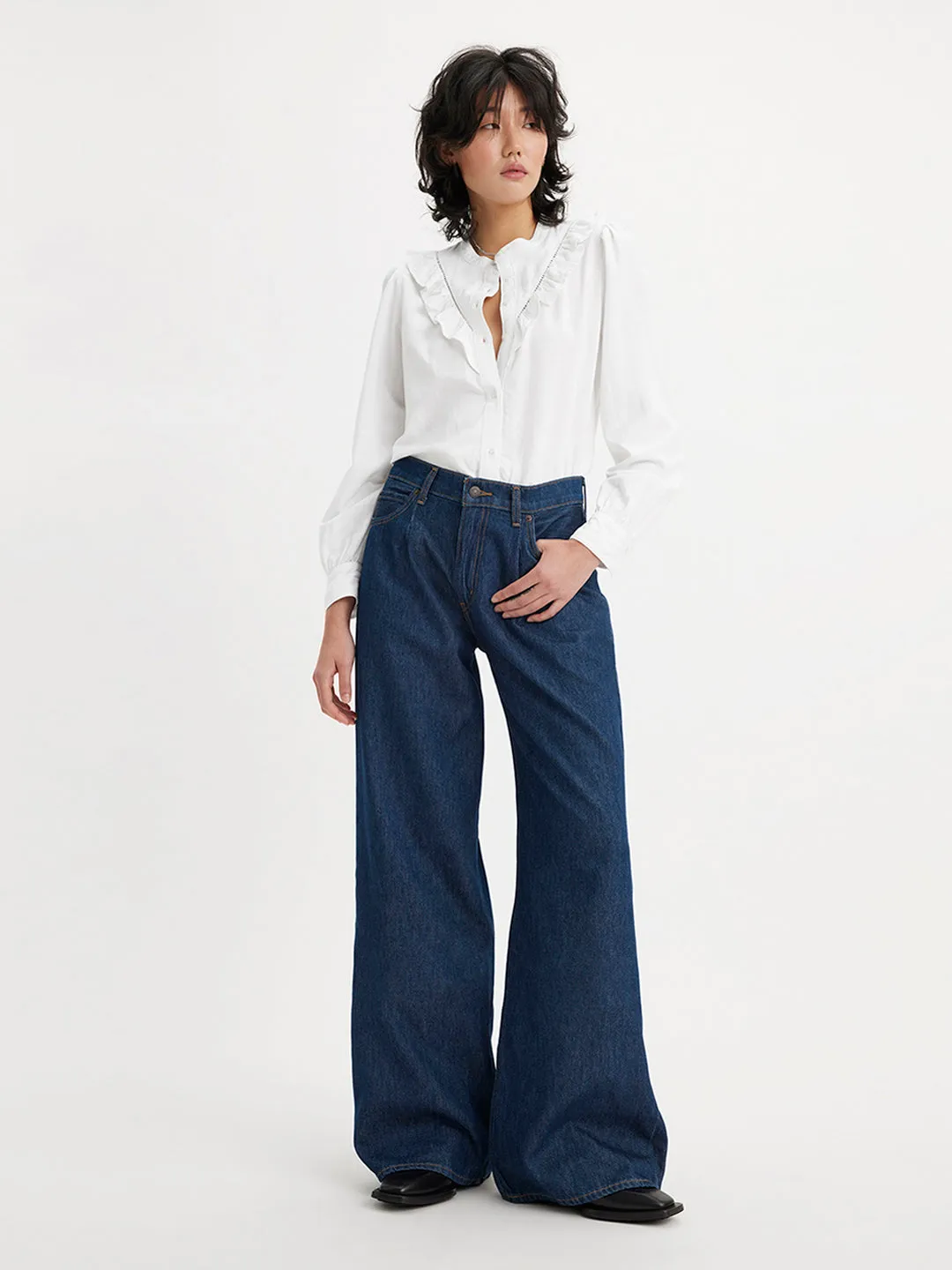 Textured Family Style Autumn Days Women's Navy Blue Baggy Dad Wide Leg Fit High Rise Jeans