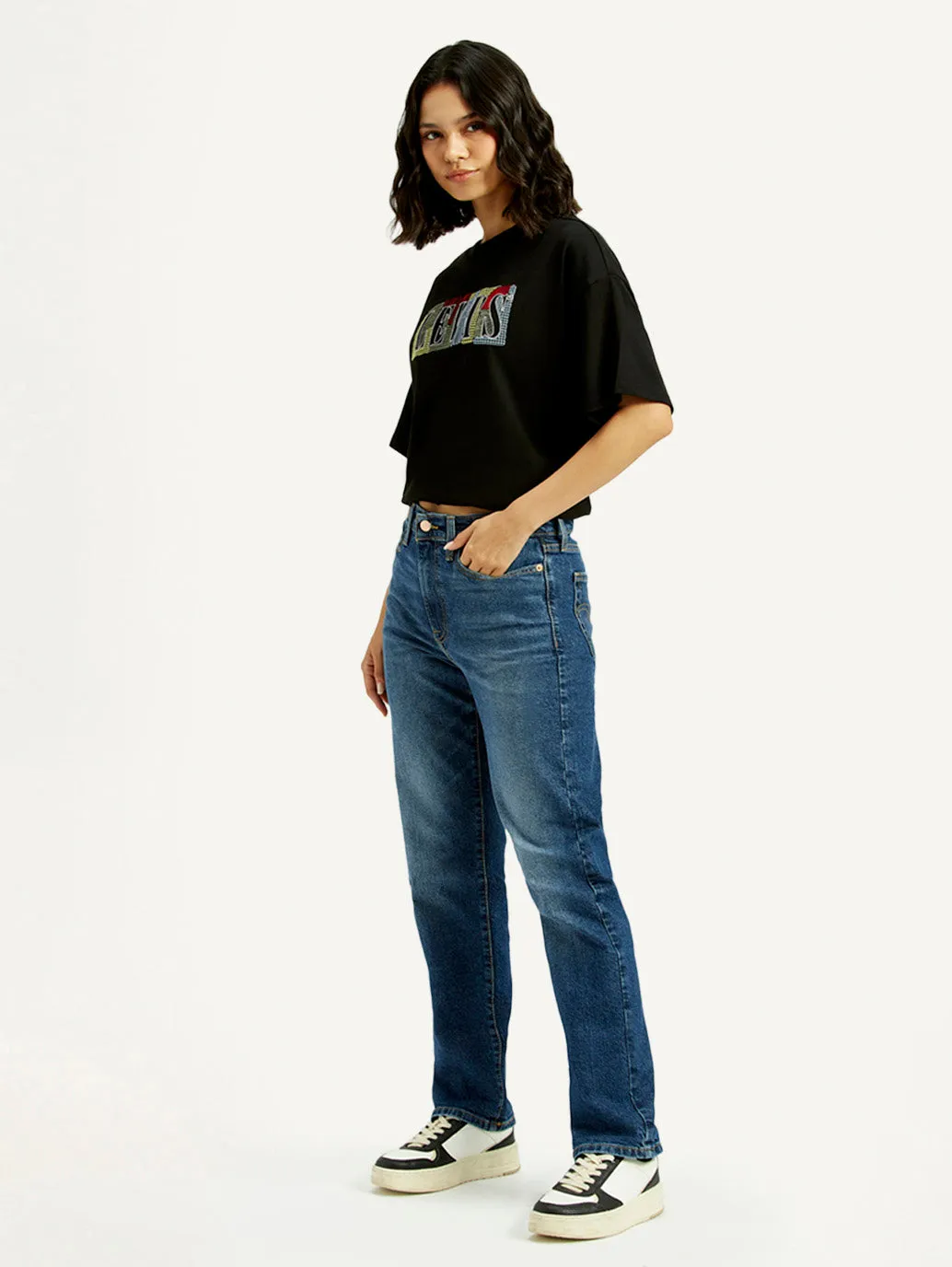 Women's Blue Wedgie Straight Fit Mid Rise Jeans Athlete Fit Modern Autumn Days Picnic Style Textured