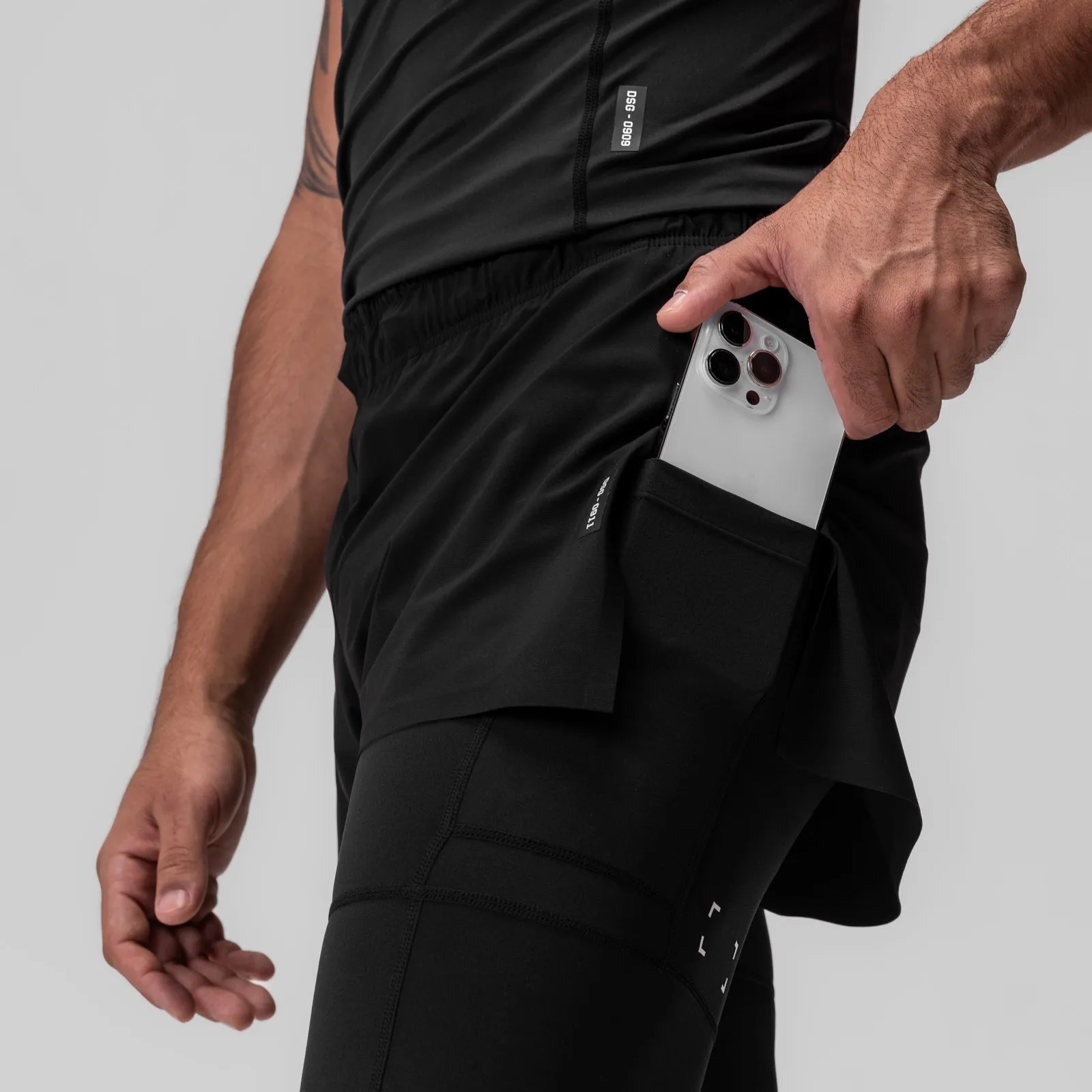 0911. Tetra-Lite? 2-in-1 High Split Legging Short - Black "Cyber"/Black Warm Weather Style