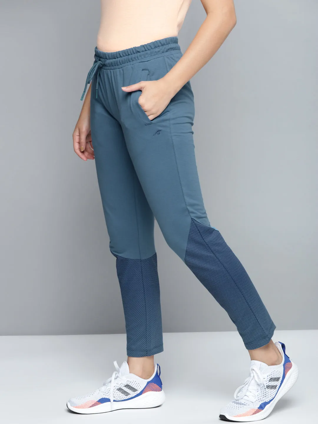 Alcis Women Blue Solid Slim Fit Track Pants with Printed Detail Flatlock Seams