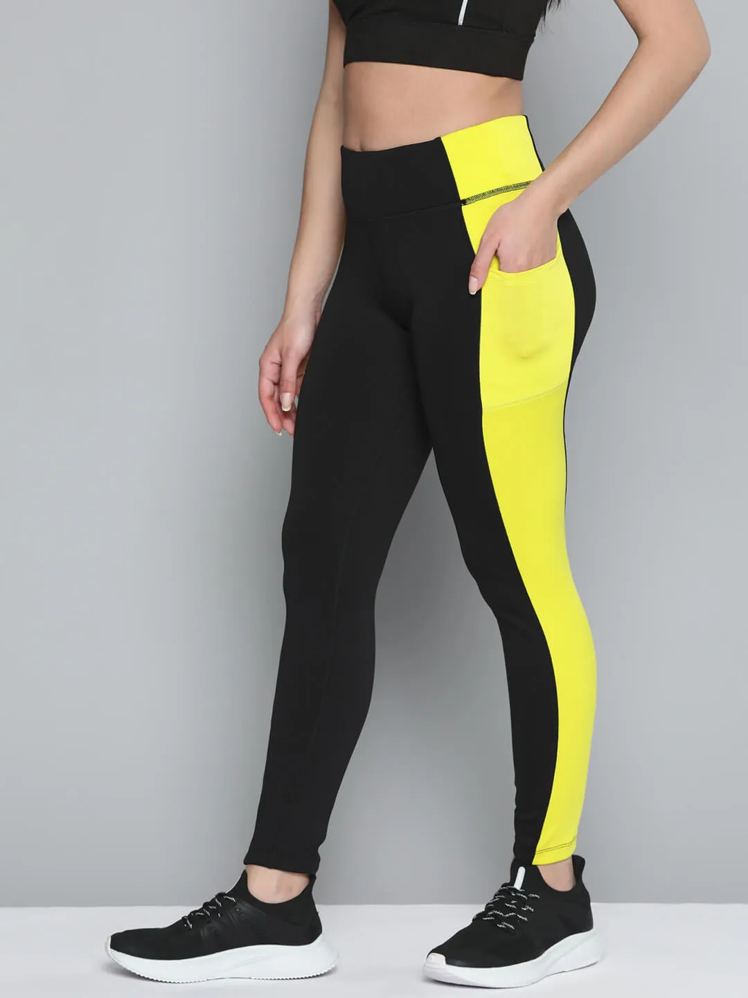 Alcis Women Black Yellow Colorblocked Sports Tights Flexible Motion