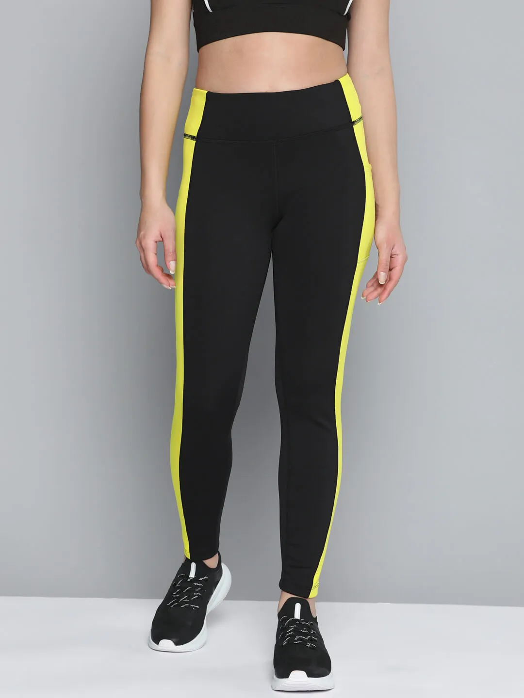 Alcis Women Black Yellow Colorblocked Sports Tights Luxury Choice Durable Stitch Luxury Choice Mountain Hike