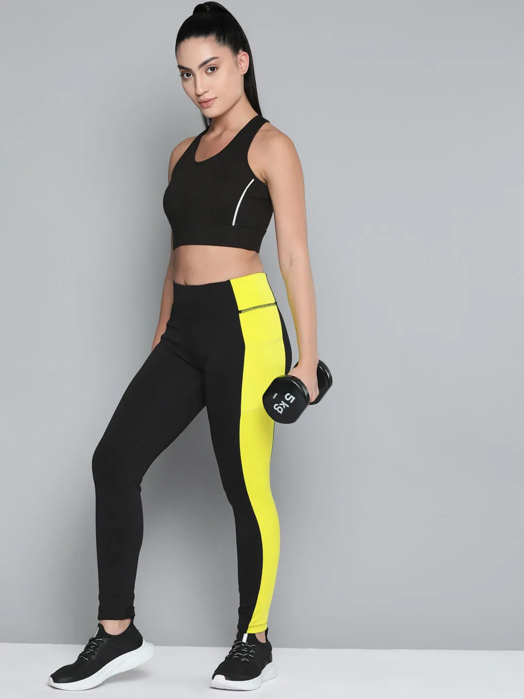 Alcis Women Black Yellow Colorblocked Sports Tights Outdoor Lover Extra Soft
