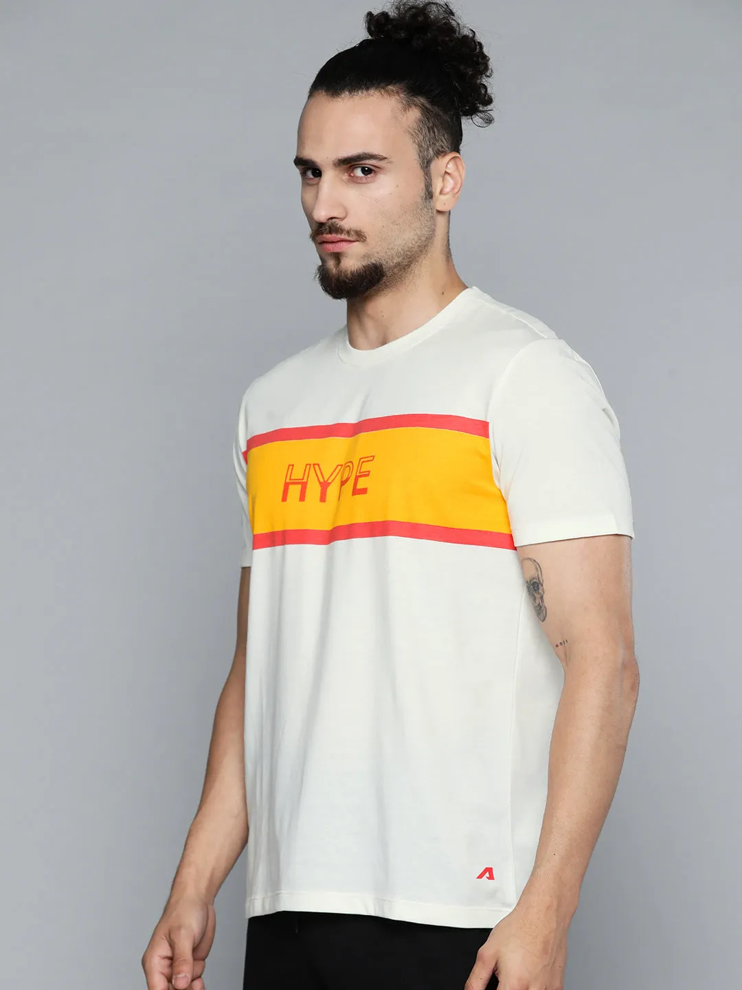 ElasticWaistband PunctureResistant Fabric Alcis Men Off White Typography Printed Slim Fit Gym T-shirt