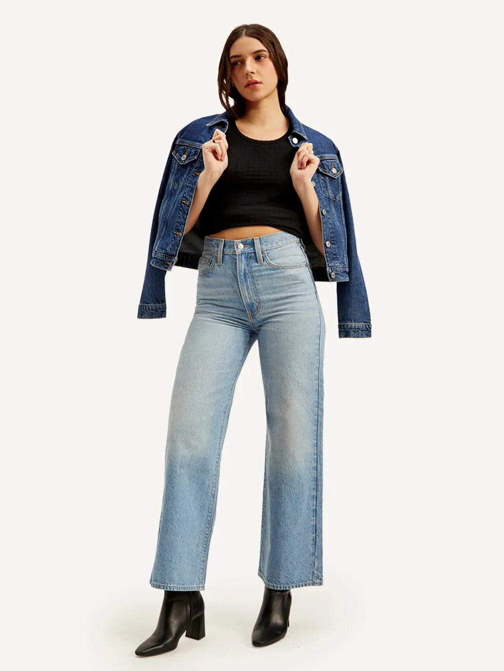 Casual Option Trendy Evening Stroll Women's Light Blue Ribcage Bell Bottom Wide Leg Fit High Rise Jeans