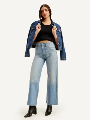 Women's Light Blue Ribcage Bell Bottom Wide Leg Fit High Rise Jeans Modern Silhouette