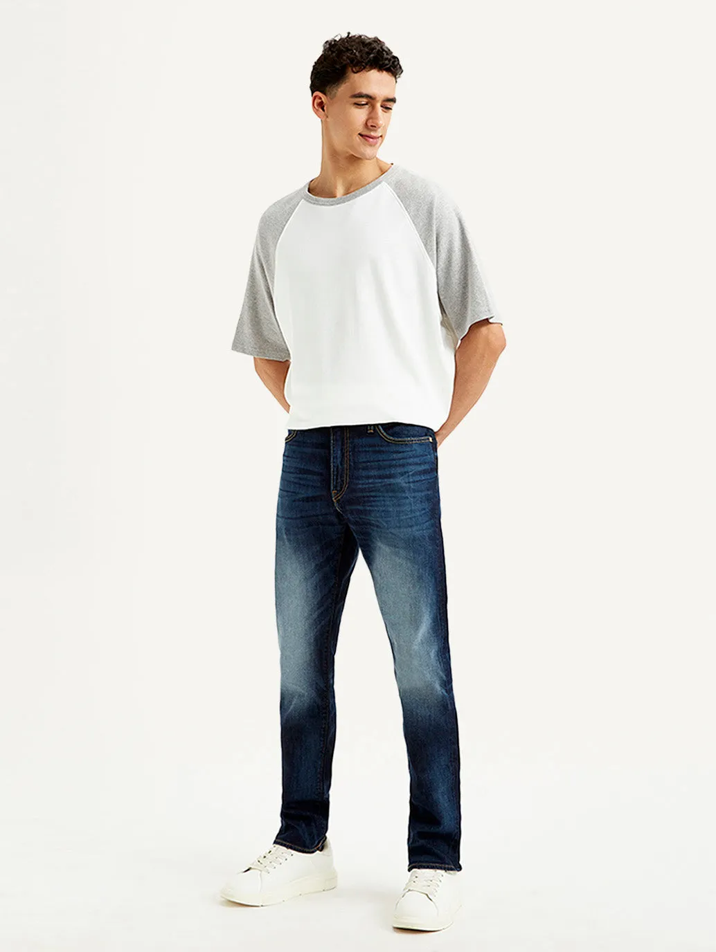 Men's 511 Dark Blue Slim Fit Mid Rise Jeans Flex Knit Waist Panel Unisex Wear Premium