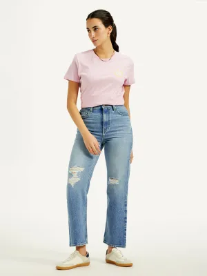 Women's Blue Ribcage Straight Fit High Rise Jeans Earthy Rainy Day City Walk