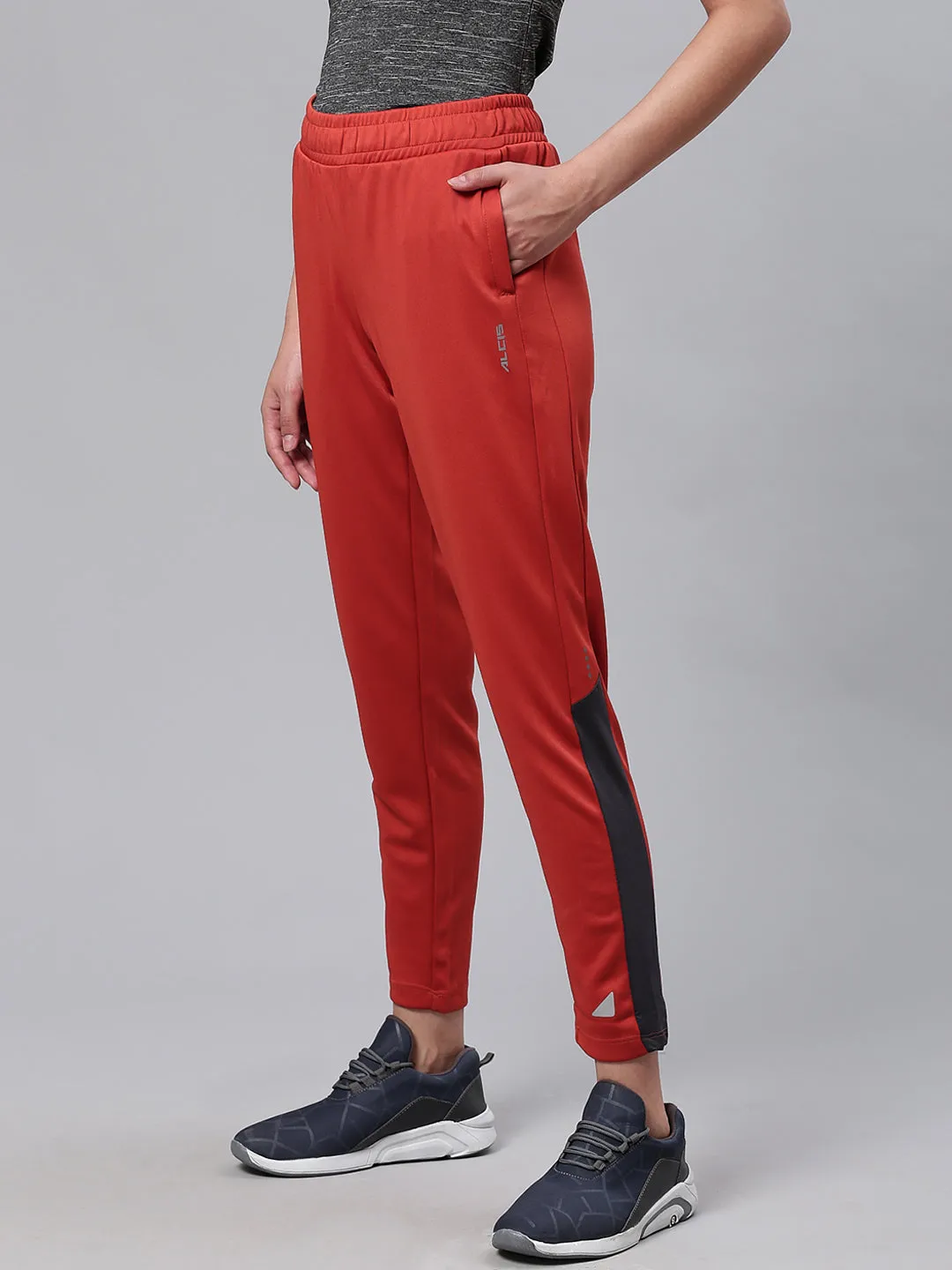 Flexible Gusset Detachable belt Alcis Women Rust Orange Slim Fit Solid Cropped Running Track Pants