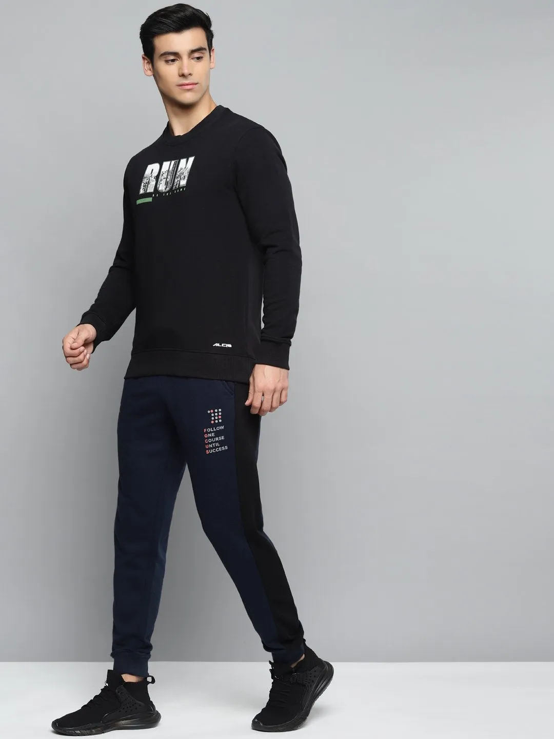 Alcis Men Navy Blue Solid Slim Fit Joggers with Printed Detail No Irritation Seams ExpandableSidePanels