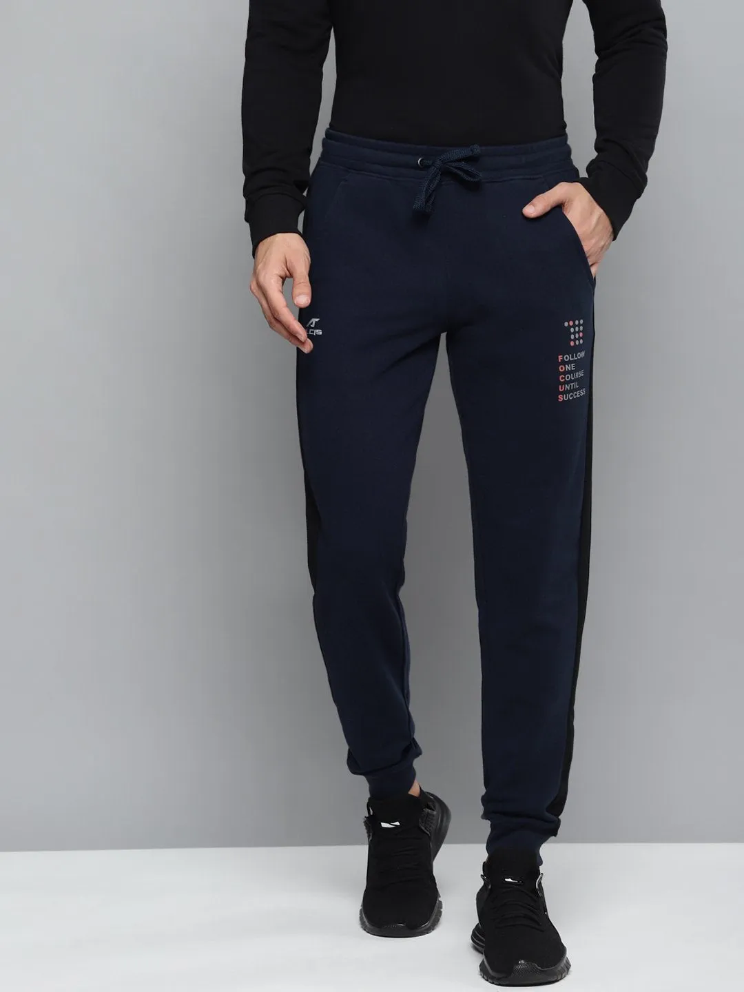 Alcis Men Navy Blue Solid Slim Fit Joggers with Printed Detail Quick Release Buckle AdjustableTabs