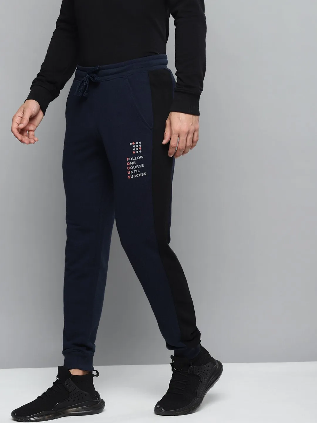 Alcis Men Navy Blue Solid Slim Fit Joggers with Printed Detail Casual Comfort