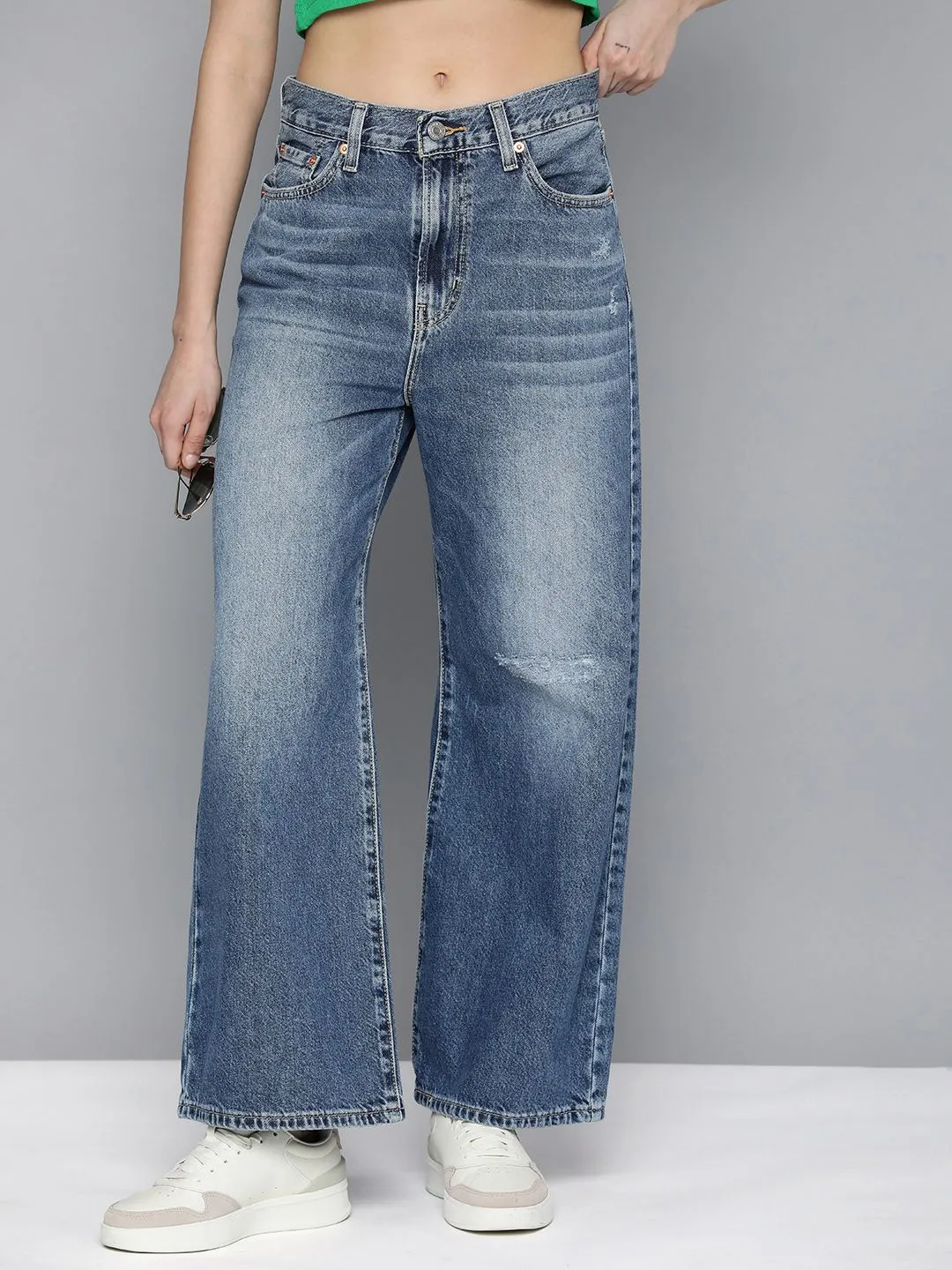 Women's Blue Ribcage Bell Bottom Wide Leg Fit Mid Rise Jeans Travel Outfit Professional Wear Daily Basic