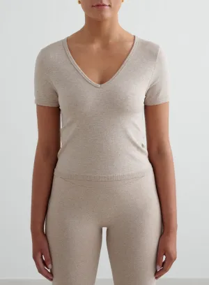 Reinforced Shoulders Button Down Beige Melange Shape Seamless Short Sleeve