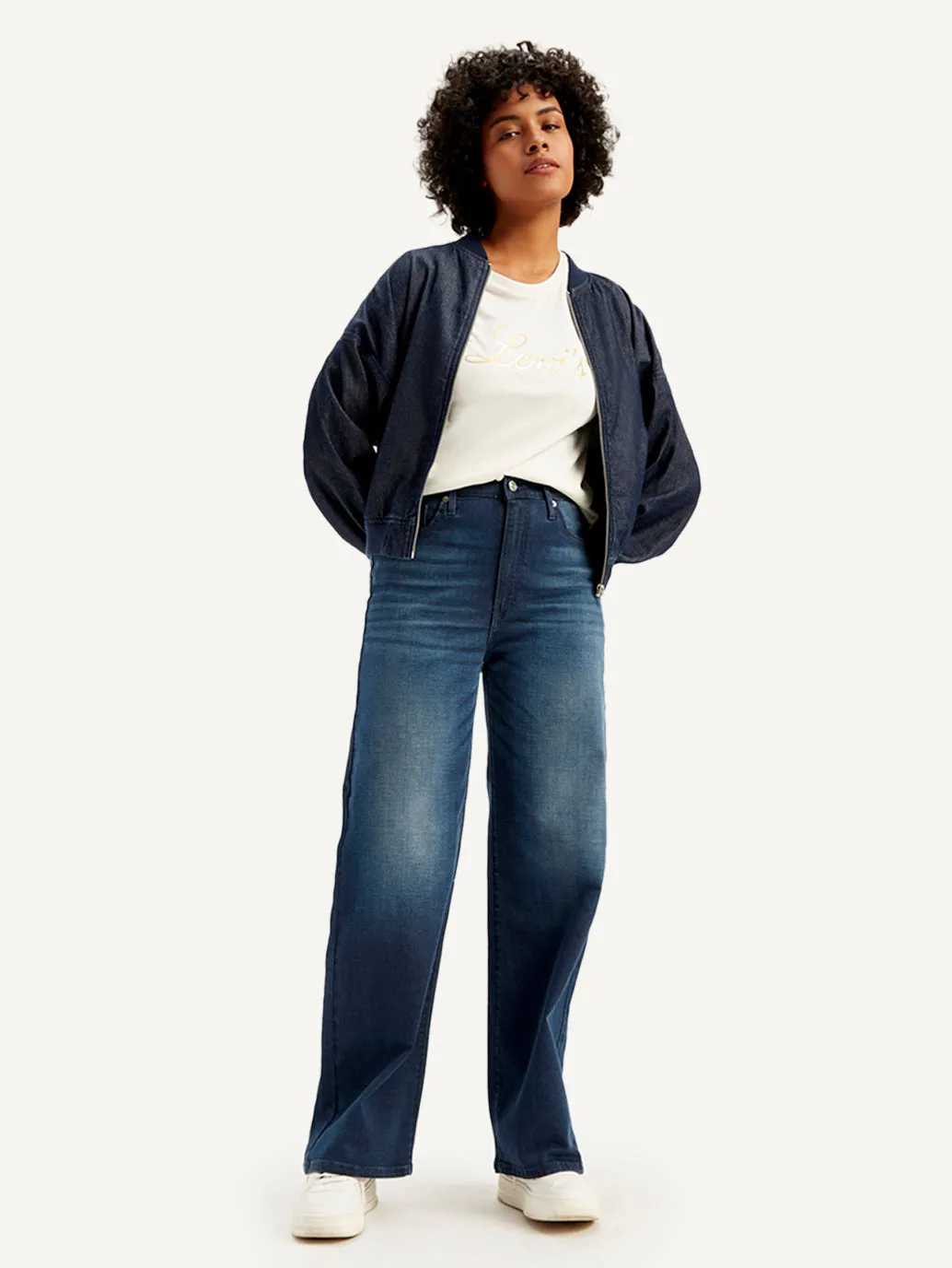 Women's Navy Blue Wide Leg Fit High Rise Jeans Durable Hardware