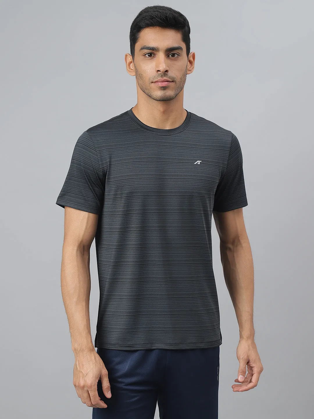 PreShrunkFabric Strong Edge Alcis Men Dark Grey Stretch-X Anti-Static Slim-Fit Round Neck Running T-Shirt