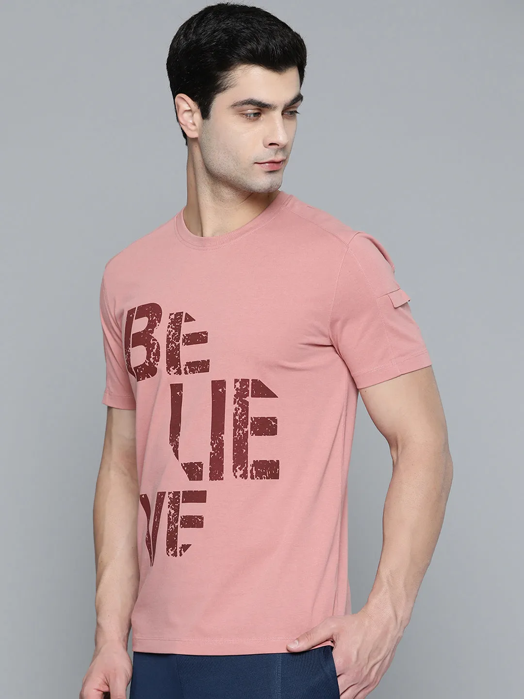 Alcis Men Dusty Pink Maroon Typography Printed T-shirt Moon Beam