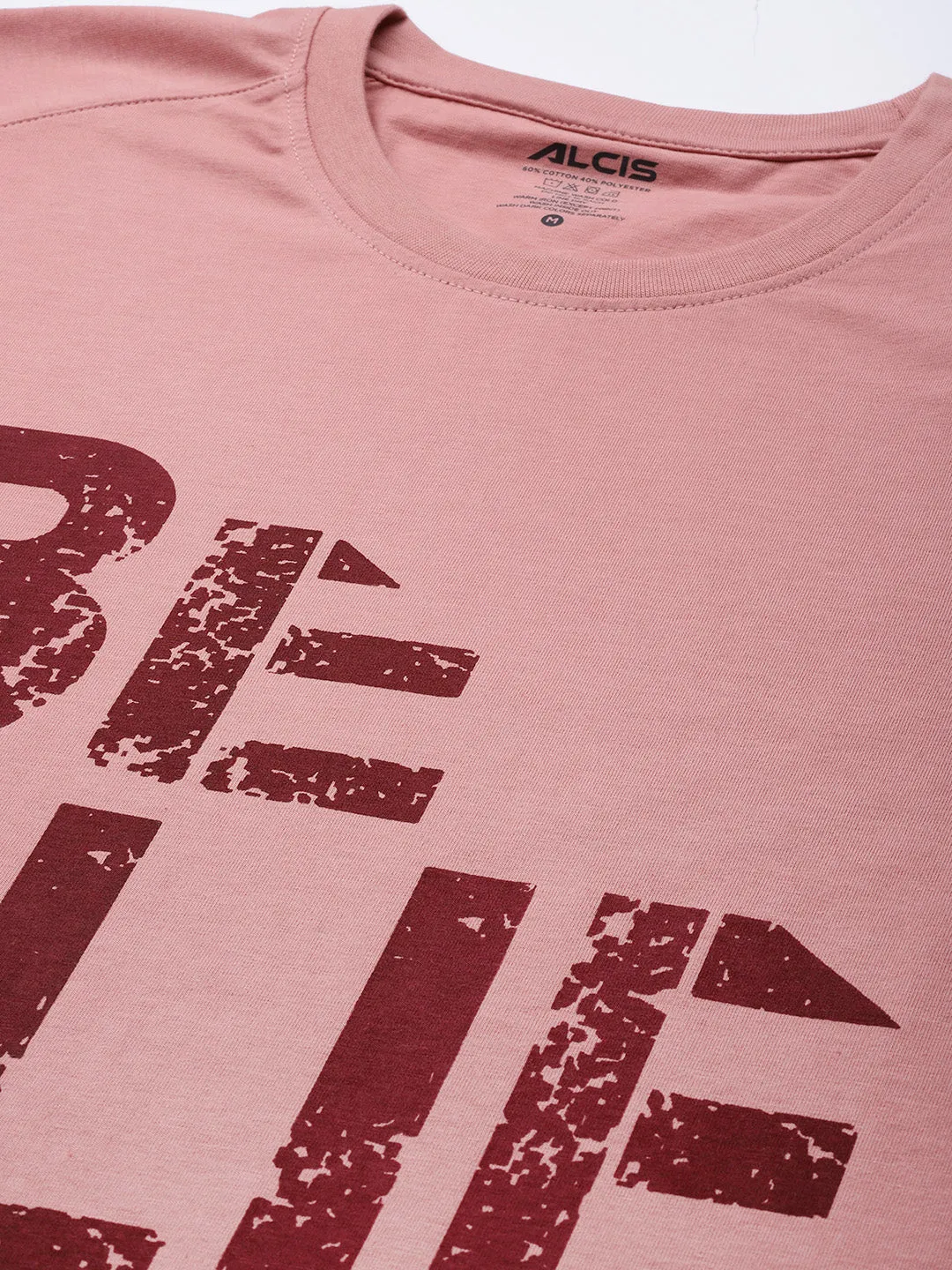 Alcis Men Dusty Pink Maroon Typography Printed T-shirt UVProtective Coating Handmade Fit