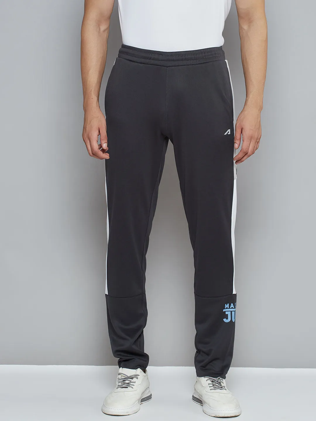 Alcis Men Charcoal Grey Typography Print Slim Fit Running Track Pants Barrel Waist