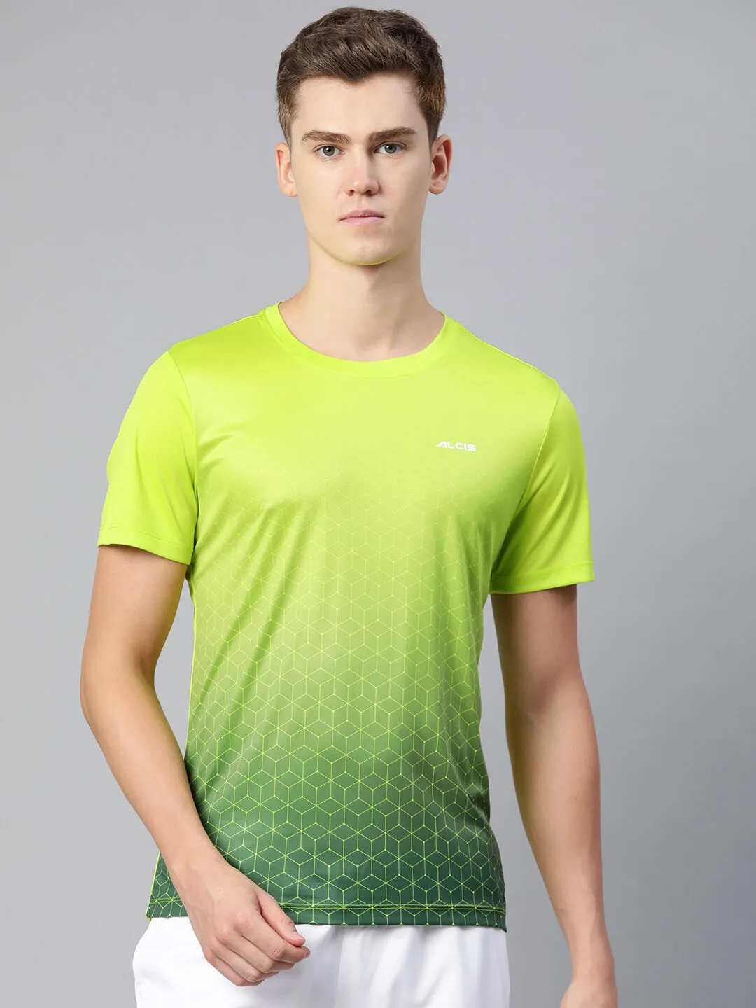Alcis Men Lime Green  Printed Dry Tech Slim Fit T-shirt spring fresh