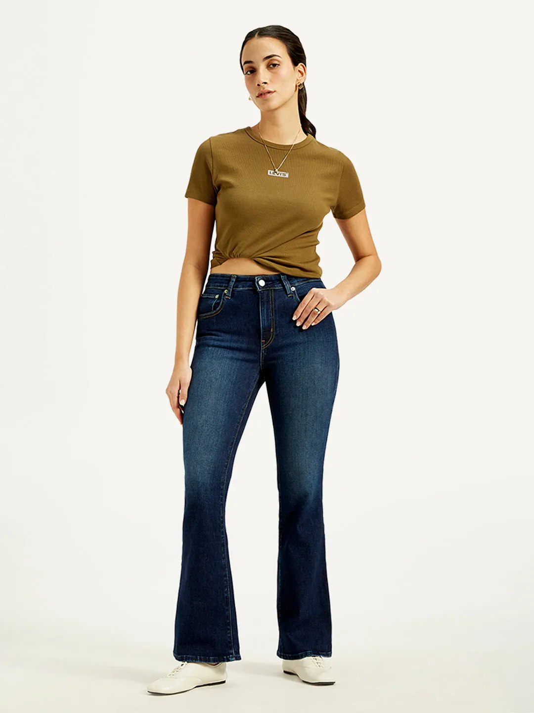 Women's 726 Navy Blue Flared Fit High Rise Jeans Classic Item Iconic Outfit
