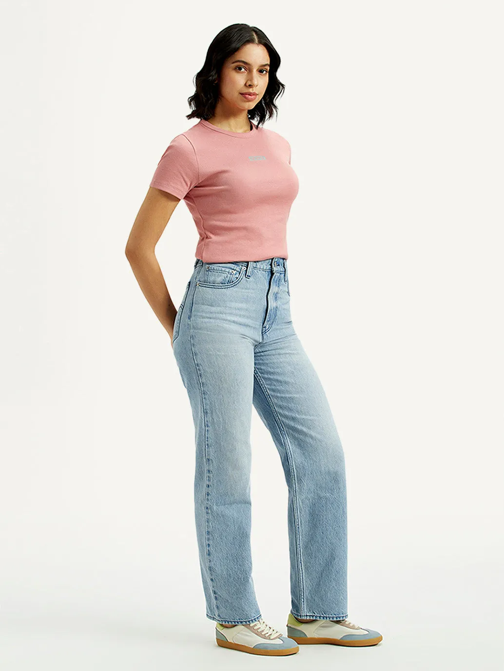 Women's Light Indigo Ribcage Straight Fit High Rise Jeans Modern Textured Moisture Wicking Lining