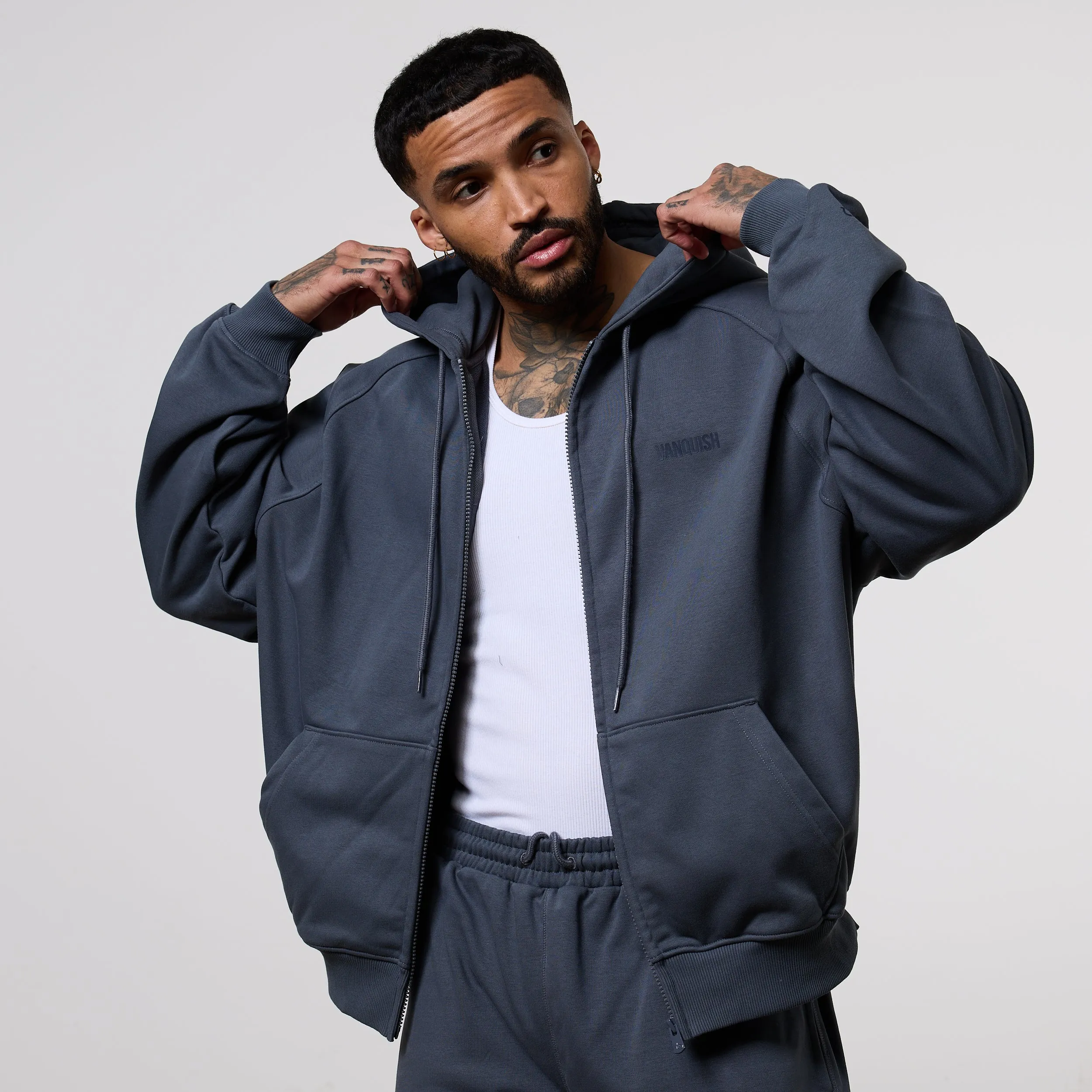 Vanquish Essential Denim Blue Oversized Boxy Hoodie Cozy Night In Black bear like