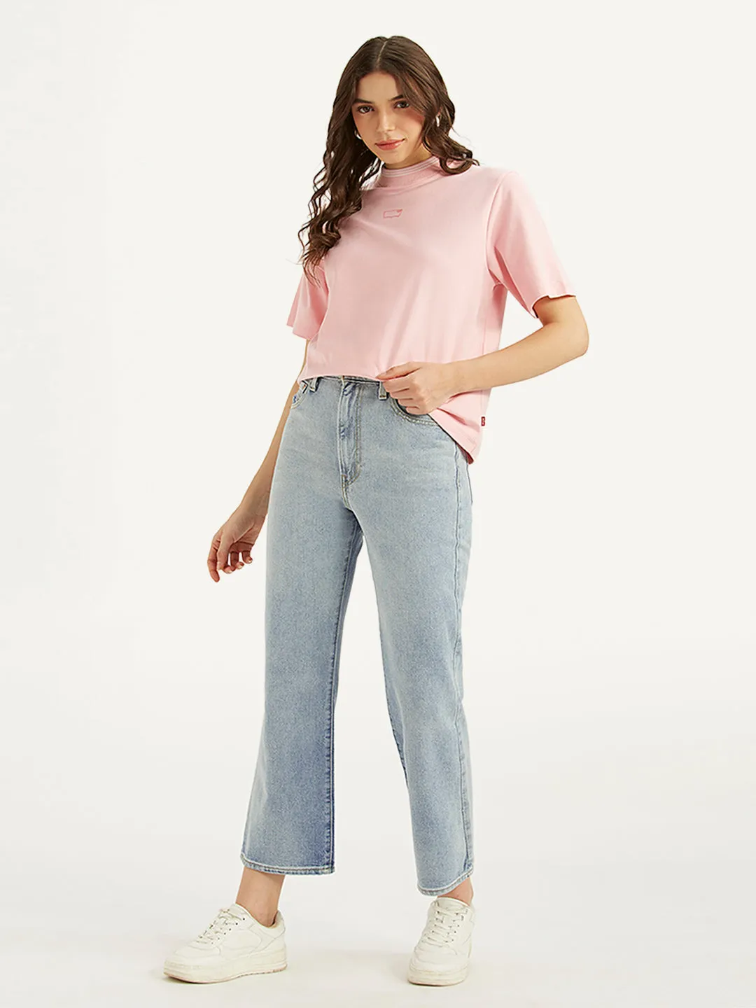 Women's Light Blue Ribcage Cropped Bootcut Fit High Rise Jeans Couple Look Modern Stretch Classic Gym Ready