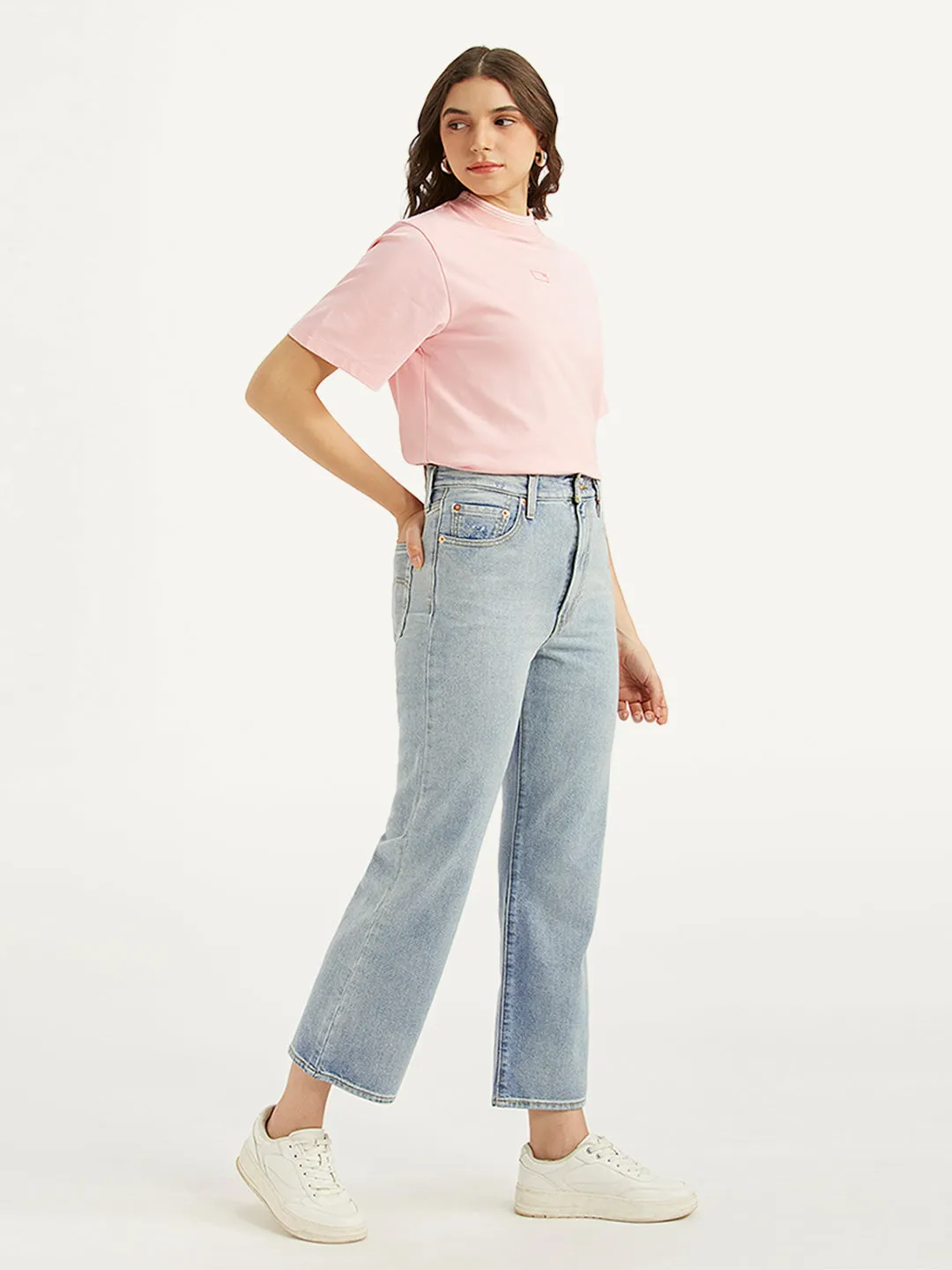 Loose Spring Mood Simple Aesthetic Women's Light Blue Ribcage Cropped Bootcut Fit High Rise Jeans