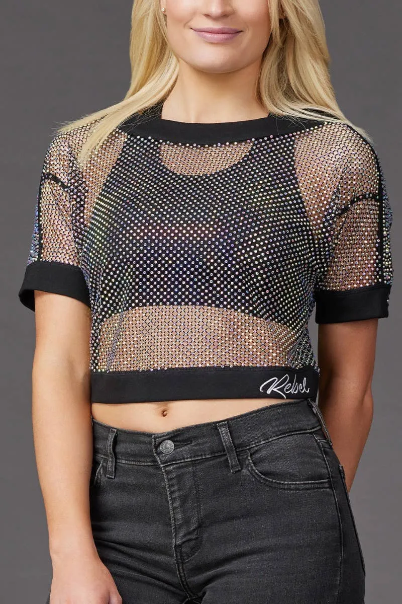 Water Soul Smart Glow Mesh Crystal Couture Mid-Crop Top