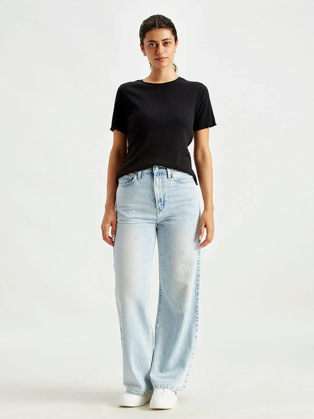Durable Build Recycled Material Women's Light Blue Ribcage Bell Bottom Wide Leg Fit High Rise Jeans