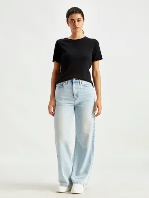 Style Match Women's Light Blue Ribcage Bell Bottom Wide Leg Fit High Rise Jeans