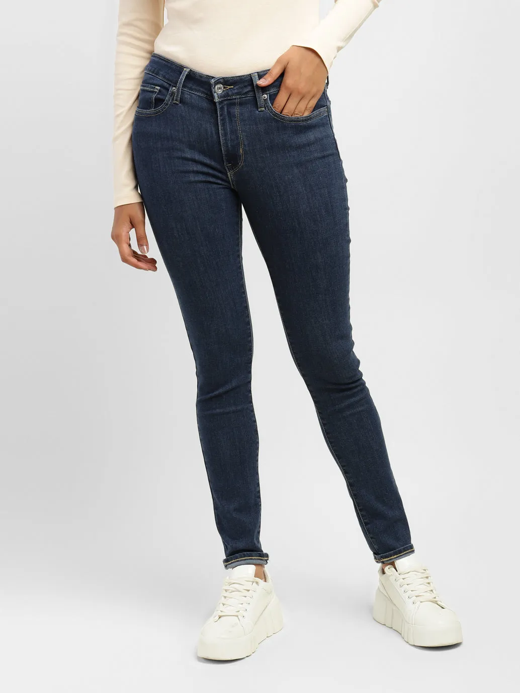 Women's 711 Blue Skinny Fit Mid Rise Jeans Layered Knee Panels Family Style Elegant