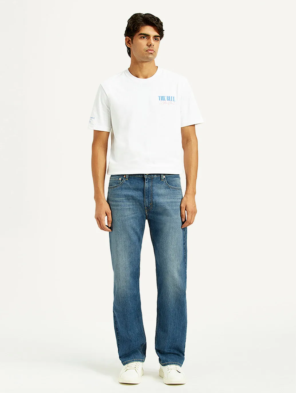 Men's 555 Med Indigo Loose Fit Mid Rise Jeans Holiday Vibes Stretch