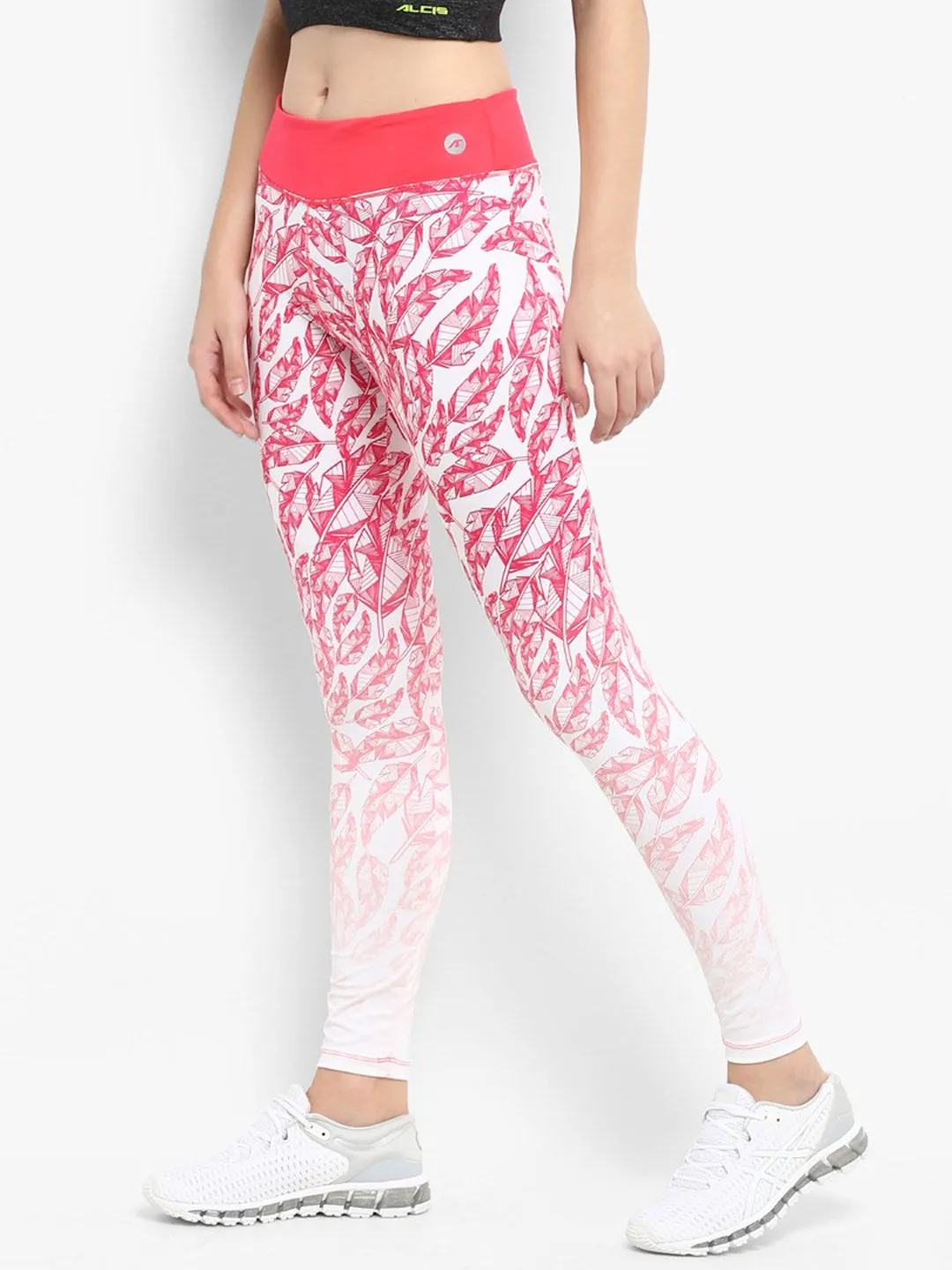 Alcis Women Core White Pink Printed Tights City Walk For Adults Wide waistband