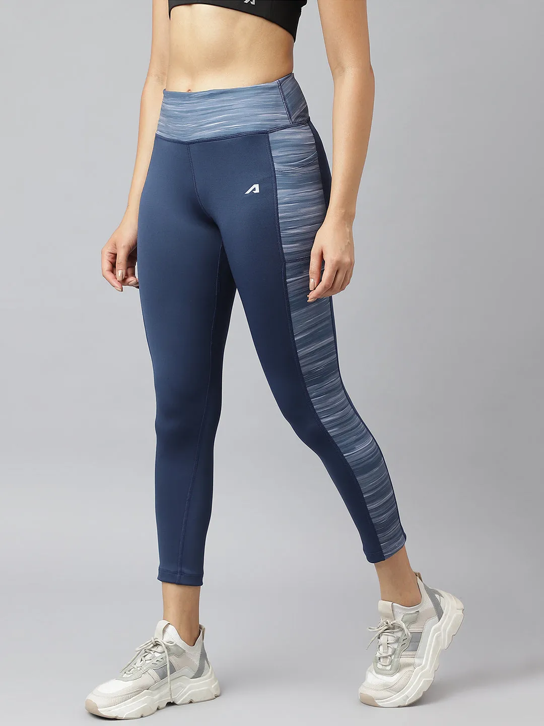Alcis Women Navy Colour-blocked Full-Length Training Tights Smooth Compression