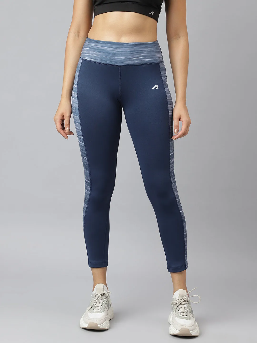 Double Layer Daily Routine Fitness Lover Alcis Women Navy Colour-blocked Full-Length Training Tights