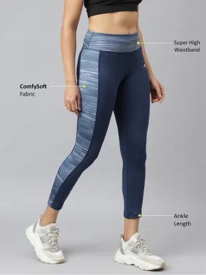 Alcis Women Navy Colour-blocked Full-Length Training Tights Yoga Class Minimalist Style