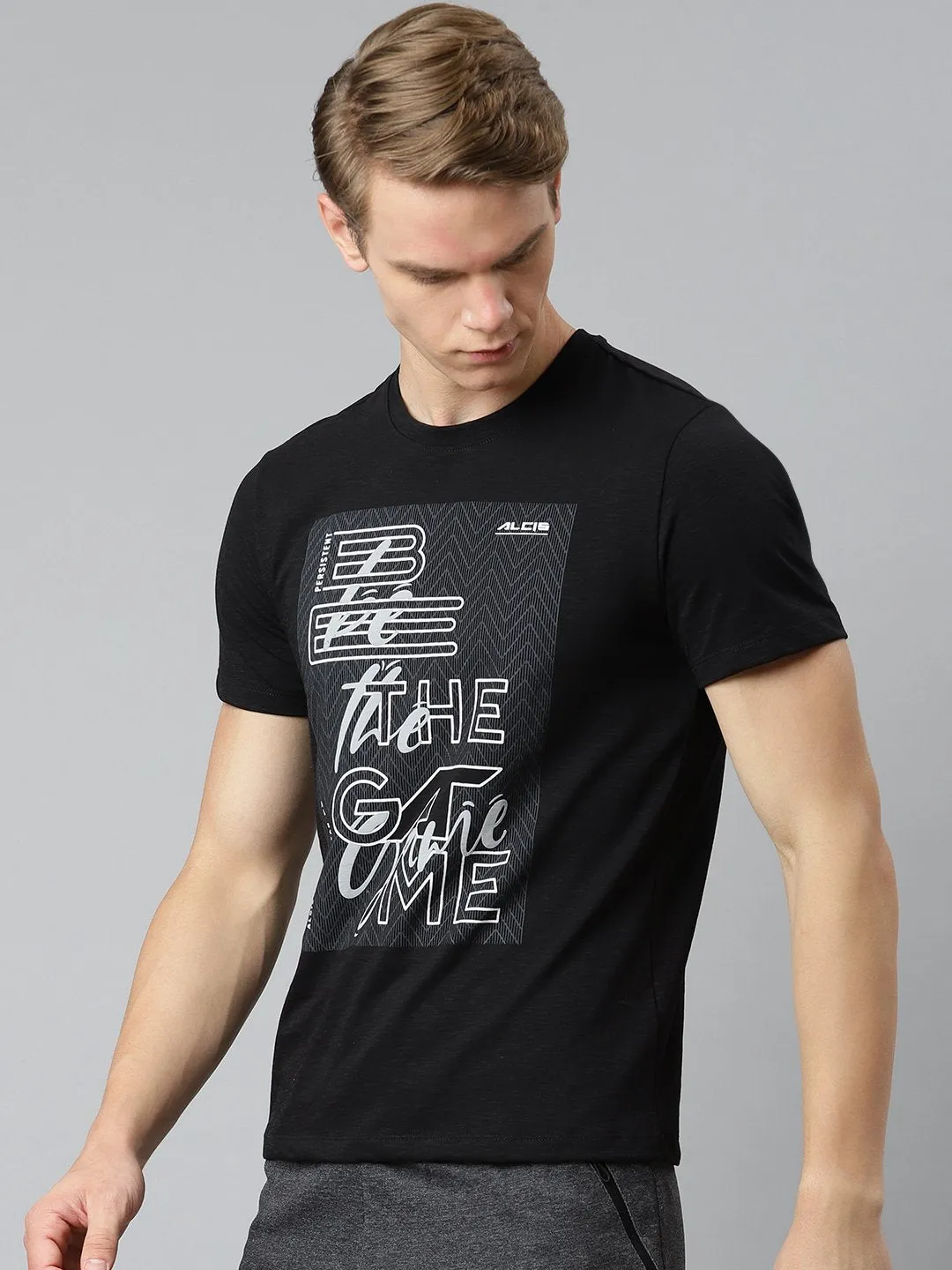 Shimmer Core Sharp Line Alcis Men Black Typography Printed Slim Fit T-shirt