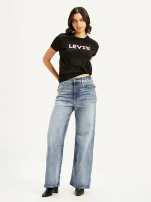 Women's Light Blue Ribcage Bell Bottom Wide Leg Fit High Rise Jeans Active Wear Sharp Vibe