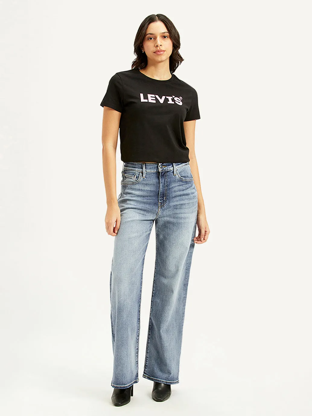 Outfit Formula Women's Light Blue Ribcage Bell Bottom Wide Leg Fit High Rise Jeans