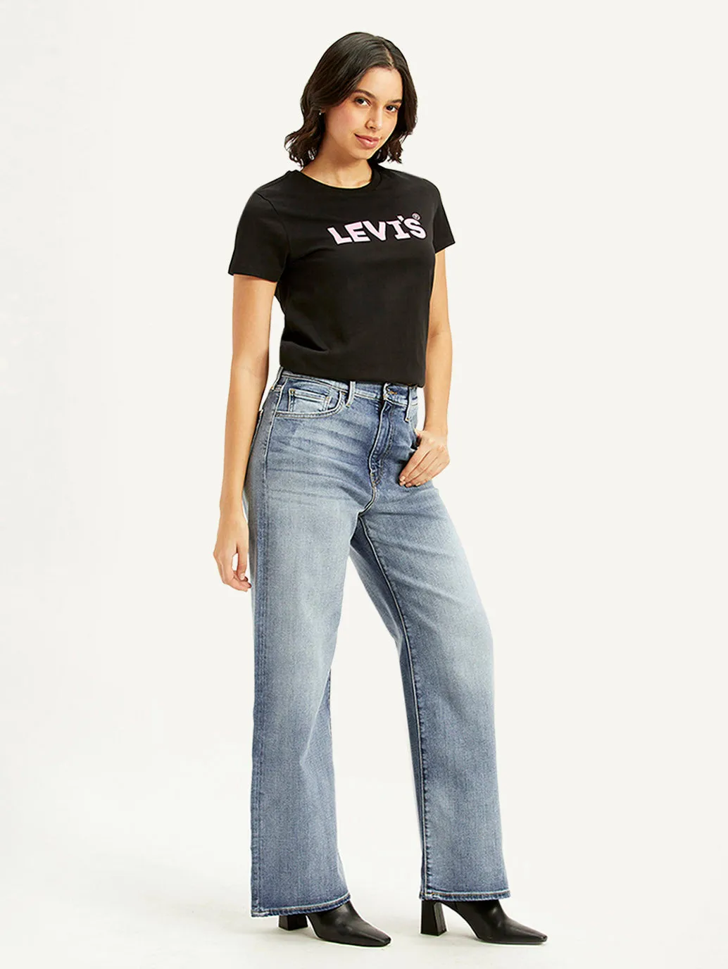 Quick Dry Weave Technology Women's Light Blue Ribcage Bell Bottom Wide Leg Fit High Rise Jeans