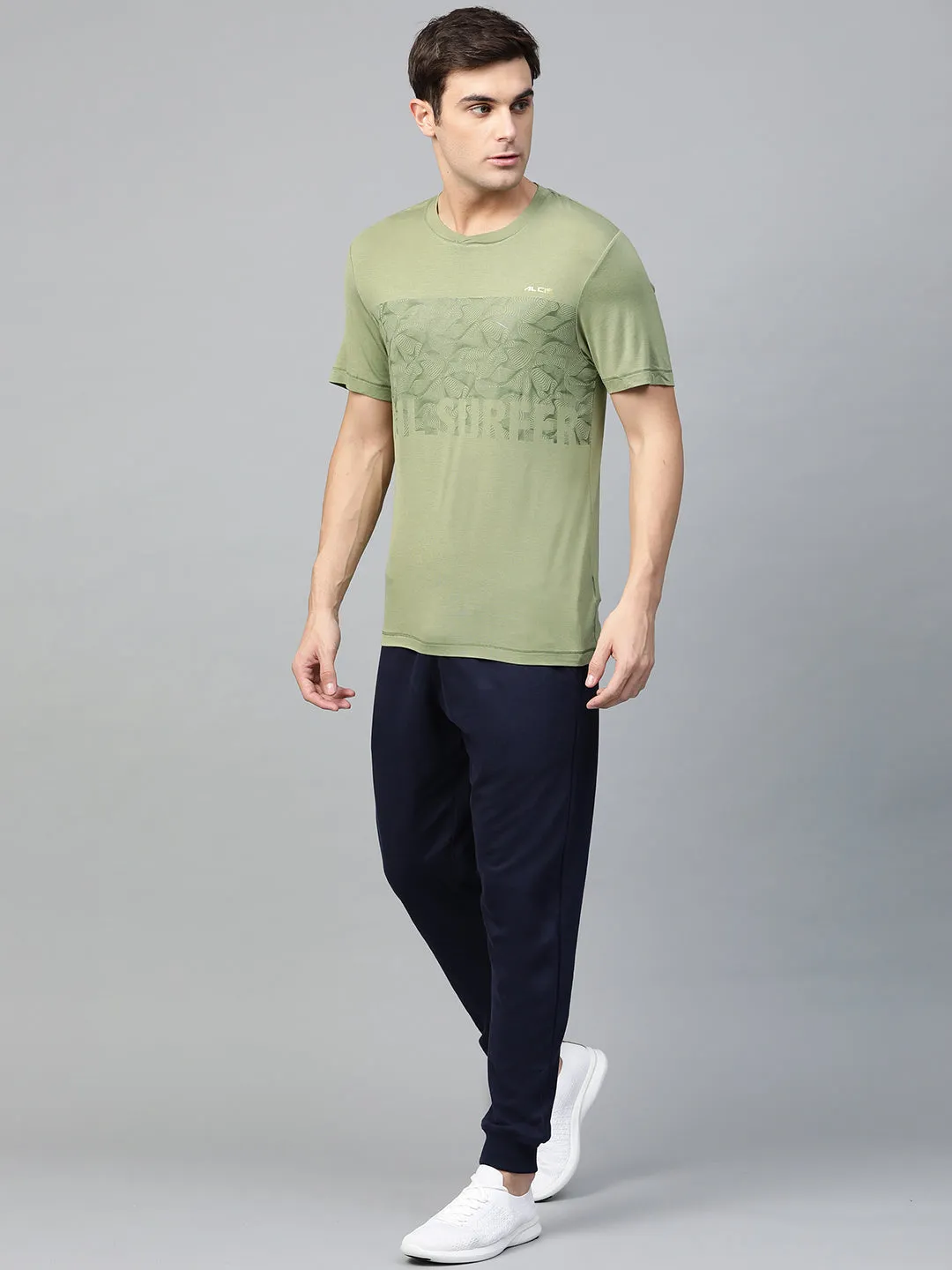 Alcis Men Olive Green Printed Round Neck T-shirt Rain Proof