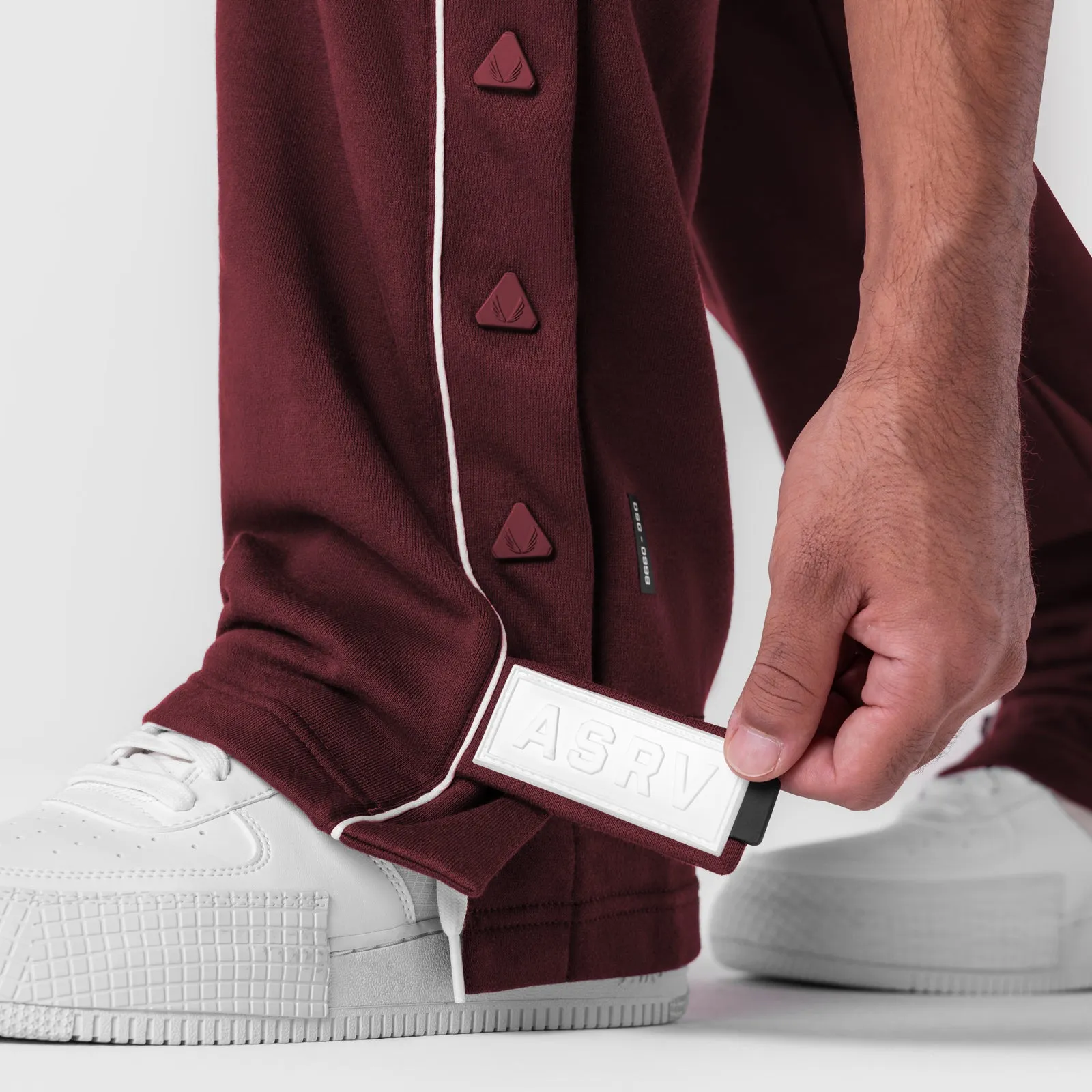 0998. Herringbone Terry Snap Button Sweats - Crimson Breathable Mesh Panels Movement Ease